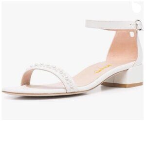 XYD White Pearls Open Toe Strappy Low Block Heel Sandal Ankle Strap with Buckle